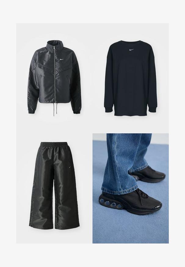 Crna kratka jakna s visokim ovratnikom, zatvaranjem na patentni zatvarač, elastinim rukavima i bijelim Nike logom. Glatka, sjajna tkanina s lagano teksturiranom površinom.; Crna dugih rukava majica od pamuka s okruglim izrezom. Sadrži bijeli Nike logo na prsima. Mekana tekstura, jednostavan dizajn.; Crne sportske hlače od sjajnoga, glatkog materijala, s elastičnim pojasom, širokim nogavicama i malim logom na lijevoj strani.; Crne atletske tenisice s mrežastim gornjim dijelom, teksturiranim detaljima i vidljivim zračnim jastučićima u potplatu. Nosene su uz plave traperice.