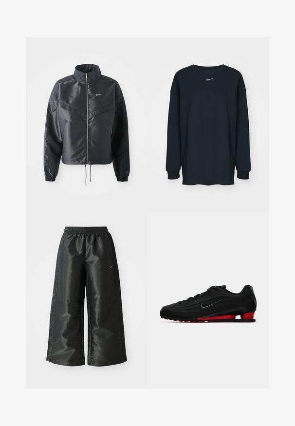 Melna apgriezta jaka ar augstu apkakli, rāvējslēdzēja aizdari, elastīna aprocēm un baltu Nike logo. Gluda, spīdīga auduma ar nedaudz teksturētu virsmu.; Melnas garajām piedurknēm T-krekls no kokvilnas ar apaļu kakla izgriezumu. Uz krūtīm ir balts Nike logo. Mīksta tekstūra, vienkāršs dizains.; Melnas sporta bikses ar spīdīgu, gludu audumu, aprīkotas ar elastīgu jostu, platām kājām un mazu logotipu kreisajā pusē.; Melna Nike skriešanas apava ar sarkanu amortizējošu zoli un melnu Swoosh logo, attēlota sānu profilā uz baltas fona.