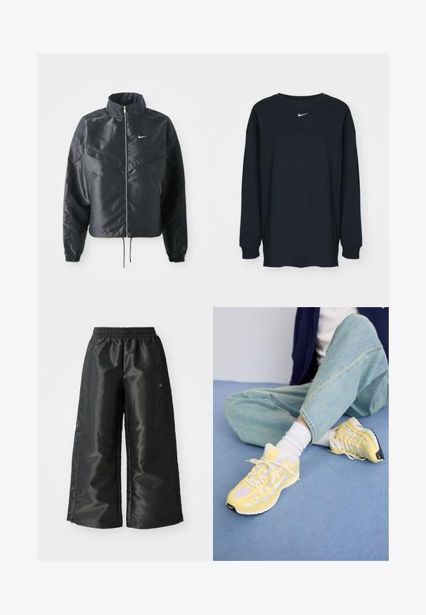 Casaco preto curto com colarinho alto, fecho de zip, punhos em elastano e um logótipo Nike branco. Tecido suave e brilhante com uma superfície ligeiramente texturizada.; Camisola preta de mangas longas feita de algodão com decote redondo. Apresenta um logótipo branco da Nike no peito. Textura suave, design simples.; Calças atléticas pretas com um tecido brilhante e suave, apresentando uma cintura elástica, pernas largas e um pequeno logotipo do lado esquerdo.; Ténis de desporto amarelos com sobreposições de malha e sintético, apresentando atacadores brancos, uma sola preta e um logótipo distintivo na língua.