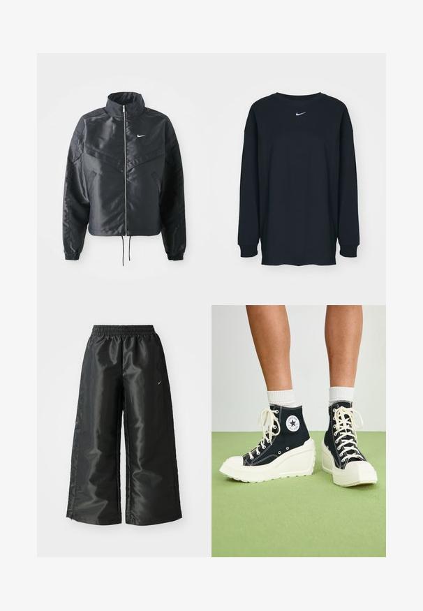 Juoda trumpa striukė su aukštu coloru, užtrauktuku, elastaniniu rankogaliu ir balta Nike logotipu. Lygus, blizgus audinys su šiek tiek tekstūruotu paviršiumi.; Juodas ilgam rankovėms marškinėlis, pagamintas iš medvilnės, su apvalia iškirpte. Krūtinėje yra baltas Nike logotipas. Minkšta tekstūra, paprastas dizainas.; Juodi sportiniai džinsai su blizgia, lygaus audinio medžiaga, turintys elastingą juosmenį, plačias kojų dalis ir mažą logotipą kairėje pusėje.; Juodos aukštos sportinės bateliai su pakelta baltos platformos padu, su baltais raišteliais ir apvalia logotipo etikete šone. Textūruota kanvos medžiaga.