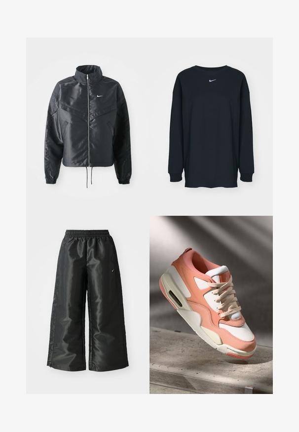 Veste noire courte avec col haut, fermeture éclair, poignets en élasthanne et logo Nike blanc. Tissu lisse et brillant avec une surface légèrement texturée.; T-shirt noir à manches longues en coton avec un col rond. Présente un logo Nike blanc sur la poitrine. Texture douce, design simple.; Pantalons de sport noirs en tissu brillant et lisse, avec une taille élastique, des jambes larges et un petit logo sur le côté gauche.; Baskets avec un dessus rose pâle et blanc, un revêtement en suede texturé, un col rembourré et une unité d'air visible au niveau du talon. Semelle couleur crème.