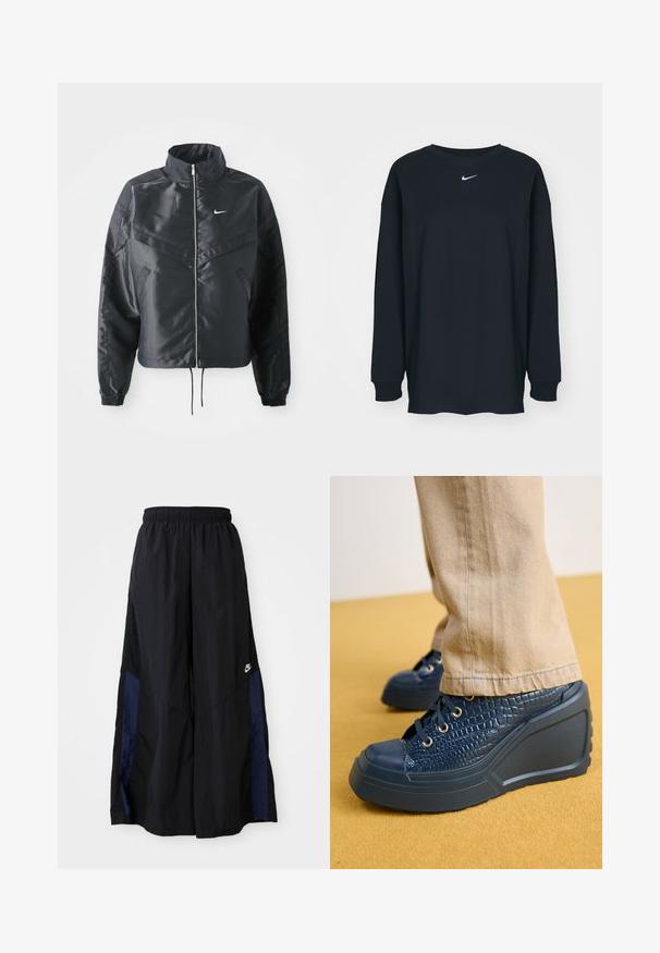 Black cropped jacket with high collar, zip closure, elastane cuffs, and a white Nike logo. Smooth, shiny fabric with a slightly textured surface.; Black long-sleeve T-shirt made of cotton with a crew neckline. Features a white Nike logo on the chest. Soft texture, simple design.; Black wide-leg pants made of lightweight fabric, featuring a navy blue side panel and an elastic waistband. Small white logo on bottom.; Navy wedge shoes featuring textured crocodile-patterned material, gold eyelets, and a rubber toe cap, paired with beige fabric pants.