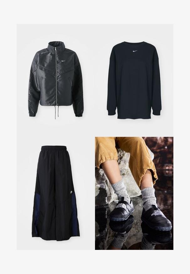 Jachetă croppată neagră cu guler înalt, închidere cu fermoar, manșete din elastan și un logo alb Nike. Material neted, lucios, cu o suprafață ușor texturată.; Tricou negru cu mânecă lungă din bumbac, cu guler rotund. Prezintă un logo alb Nike pe piept. Textură moale, design simplu.; Pantaloni negri cu croi larg, confecționați dintr-un material ușor, având un panou lateral albastru marin și un brâu elastic. Logo mic alb în partea de jos.; Pantofi slip-on izolați negri, cu talpă texturată și logo alb, purtați împreună cu șosete tricotate gri, asortați cu pantaloni ribbați de culoare muștar.