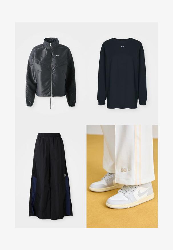 Czarna krótka kurtka z wysokim kołnierzem, zamek błyskawiczny, ściągacze z elastanu i białe logo Nike. Gładki, błyszczący materiał o lekko teksturowanej powierzchni.; Czarna, długosleeve'owa koszulka z bawełny z okrągłym dekoltem. Posiada białe logo Nike na piersi. Miękka faktura, prosty design.; Czarne spodnie szerokie wykonane z lekkiego materiału, z granatowym bocznym panelem i elastycznym paskiem w talii. Małe białe logo na dole.; Jordan AIR JORDAN 1 biały