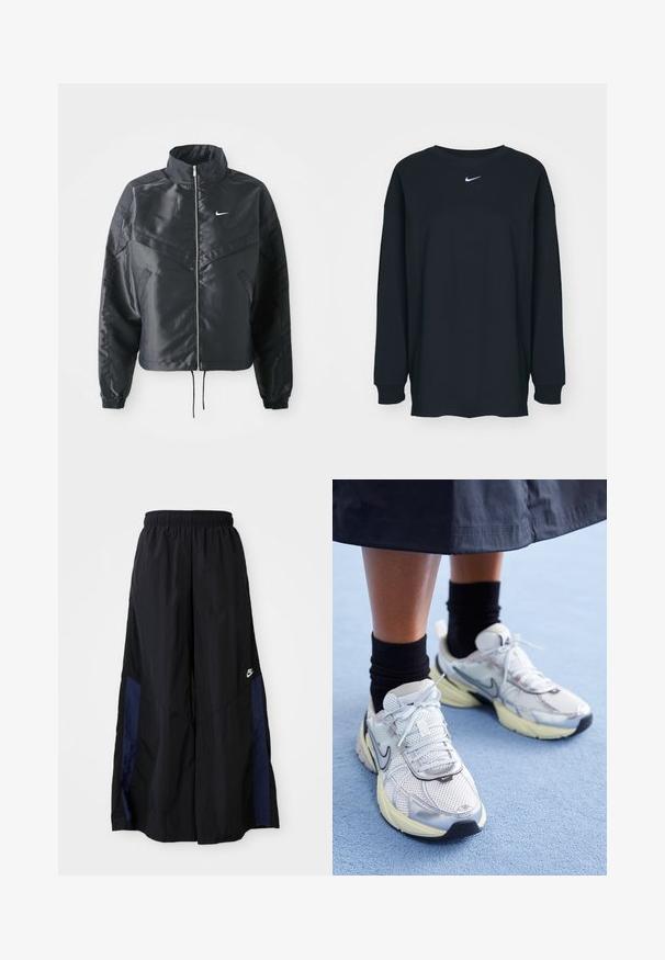 Casaco preto curto com colarinho alto, fecho de zip, punhos em elastano e um logótipo Nike branco. Tecido suave e brilhante com uma superfície ligeiramente texturizada.; Camisola preta de mangas longas feita de algodão com decote redondo. Apresenta um logótipo branco da Nike no peito. Textura suave, design simples.; Calças largas pretas feitas de tecido leve, com um painel lateral azul-marinho e cintura elástica. Pequeno logótipo branco na parte inferior.; Sapatilhas Nike brancas e prateadas com tecido em malha, detalhes refletivos e sola bege. Usadas com meias pretas, de pé sobre uma superfície azul.