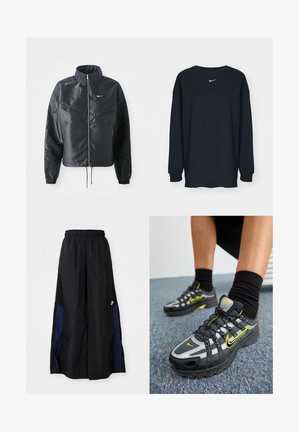 Crna kratka jakna s visokim ovratnikom, zatvaranjem na patentni zatvarač, elastinim rukavima i bijelim Nike logom. Glatka, sjajna tkanina s lagano teksturiranom površinom.; Crna dugih rukava majica od pamuka s okruglim izrezom. Sadrži bijeli Nike logo na prsima. Mekana tekstura, jednostavan dizajn.; Crne hlače širokih nogavica izrađene od lagane tkanine, sa tamnoplavim bočnim panelom i elastičnom stražnjom trakom. Mali bijeli logo je na dnu.; Crne i sive sportske tenisice s reflektirajućim srebrnim detaljima, teksturiranim mrežastim panelima i svijetlim žutim akcentima. Uže za vezanje s čvrstim potplatom.