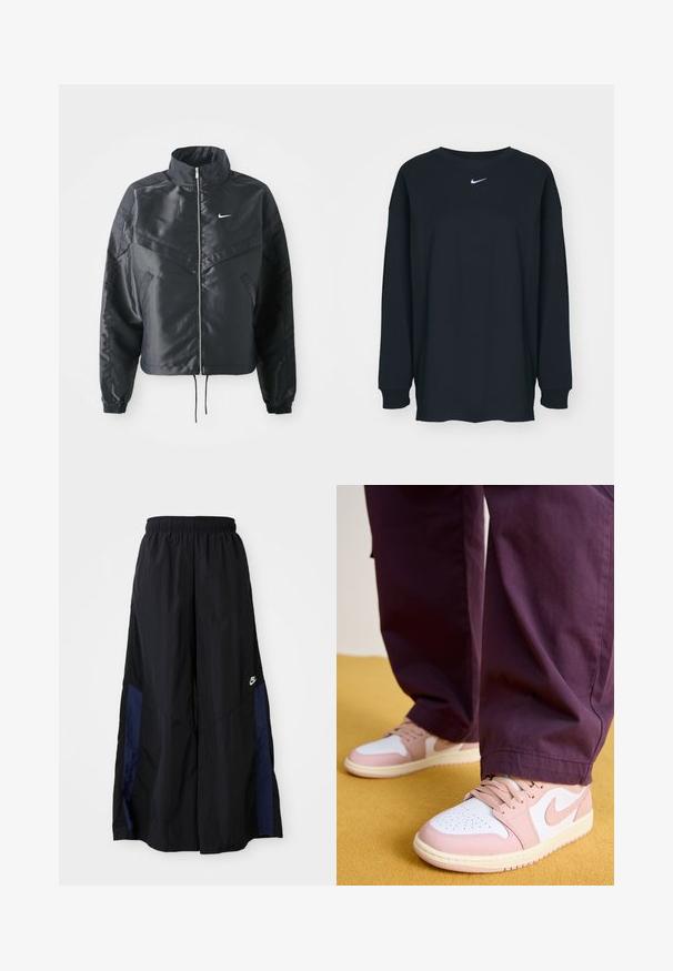 Czarna krótka kurtka z wysokim kołnierzem, zamek błyskawiczny, ściągacze z elastanu i białe logo Nike. Gładki, błyszczący materiał o lekko teksturowanej powierzchni.; Czarna, długosleeve'owa koszulka z bawełny z okrągłym dekoltem. Posiada białe logo Nike na piersi. Miękka faktura, prosty design.; Czarne spodnie szerokie wykonane z lekkiego materiału, z granatowym bocznym panelem i elastycznym paskiem w talii. Małe białe logo na dole.; Jordan AIR JORDAN 1 jasnoróżowy