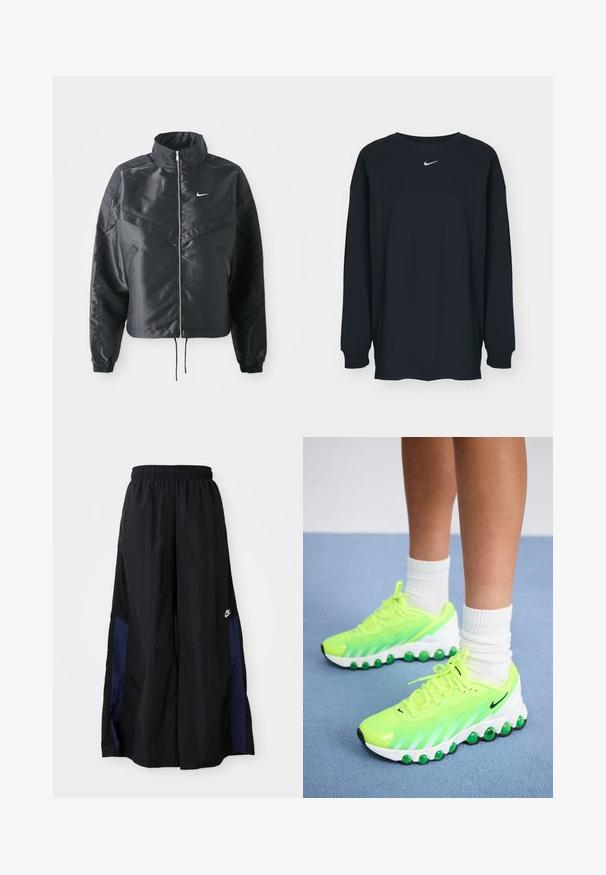 Casaco preto curto com colarinho alto, fecho de zip, punhos em elastano e um logótipo Nike branco. Tecido suave e brilhante com uma superfície ligeiramente texturizada.; Camisola preta de mangas longas feita de algodão com decote redondo. Apresenta um logótipo branco da Nike no peito. Textura suave, design simples.; Calças largas pretas feitas de tecido leve, com um painel lateral azul-marinho e cintura elástica. Pequeno logótipo branco na parte inferior.; Sapatilhas desportivas em verde néon com um upper texturizado, sola branca e detalhes verdes. Apresenta atacadores, um logótipo preto e uma forma arredondada.