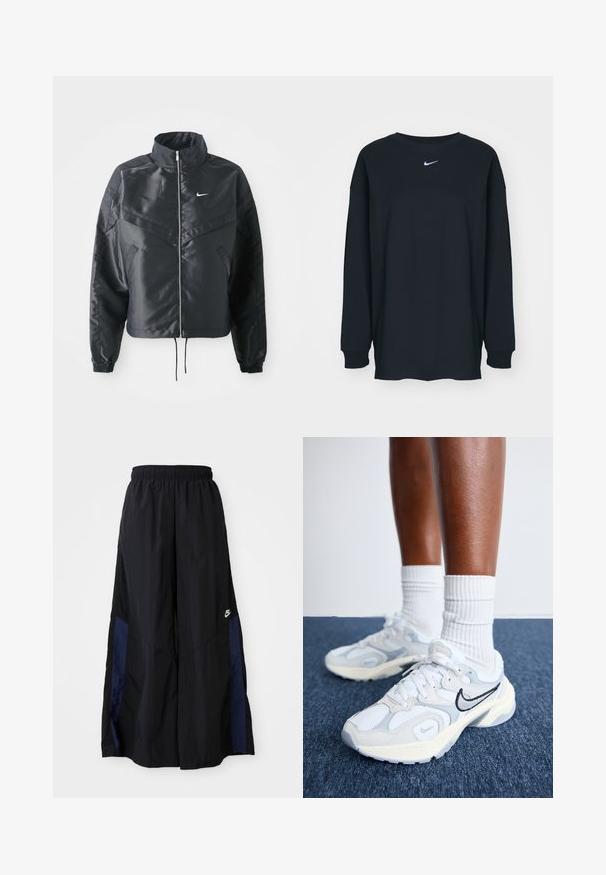 Svart cropped jakke med høy krage, glidelåsåpning, elastiske mansjetter og en hvit Nike-logo. Glatt, shiny stoff med en lett teksturert overflate.; Svart langermet T-skjorte laget av bomull med rund hals. Har en hvit Nike-logo på brystet. Myk tekstur, enkelt design.; Svarte vide bukser laget av lett stoff, med et marineblått sidestykke og elastisk midjebånd. Liten hvit logo nederst.; Nike Sportswear AL8 - Joggesko - white/metallic silver/black/sail/wolf grey/photon dust