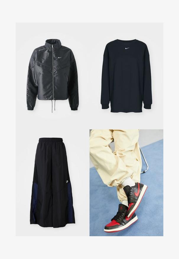 Svart kort jacka med hög krage, dragkedja, ärmslut i elastan och en vit Nike-logotyp. Slät, glänsande tyg med en något strukturerad yta.; Svart långärmad T-shirt i bomull med rundad halsringning. Har en vit Nike-logotyp på bröstet. Mjuk textur, enkelt design.; Svarta vida byxor gjorda av lättviktig tyg, med en marinblå sid panel och ett elastiskt midjeband. Litet vitt logotyp nertill.; Svarta och röda lädersneakers med vit sula, som har en framträdande röd swoosh och Jordan-logotyp, i kombination med krämfärgade byxor.