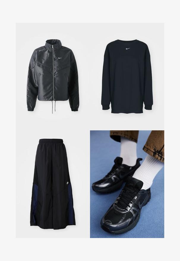 Svart cropped jakke med høy krage, glidelåsåpning, elastiske mansjetter og en hvit Nike-logo. Glatt, shiny stoff med en lett teksturert overflate.; Svart langermet T-skjorte laget av bomull med rund hals. Har en hvit Nike-logo på brystet. Myk tekstur, enkelt design.; Svarte vide bukser laget av lett stoff, med et marineblått sidestykke og elastisk midjebånd. Liten hvit logo nederst.; Svarte Nike joggesko har en mesh-overdel med blanke detaljer, svarte snører og en teksturert såle. Kombinert med hvite ribbede sokker.