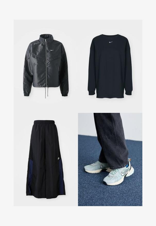 Svart cropped jakke med høy krage, glidelåsåpning, elastiske mansjetter og en hvit Nike-logo. Glatt, shiny stoff med en lett teksturert overflate.; Svart langermet T-skjorte laget av bomull med rund hals. Har en hvit Nike-logo på brystet. Myk tekstur, enkelt design.; Svarte vide bukser laget av lett stoff, med et marineblått sidestykke og elastisk midjebånd. Liten hvit logo nederst.; Lyseblå mesh Nike-sneakers med teksturert overflate, svart swoosh og kremfarget mellom såle, kombinert med mørkegrå vide bukser.