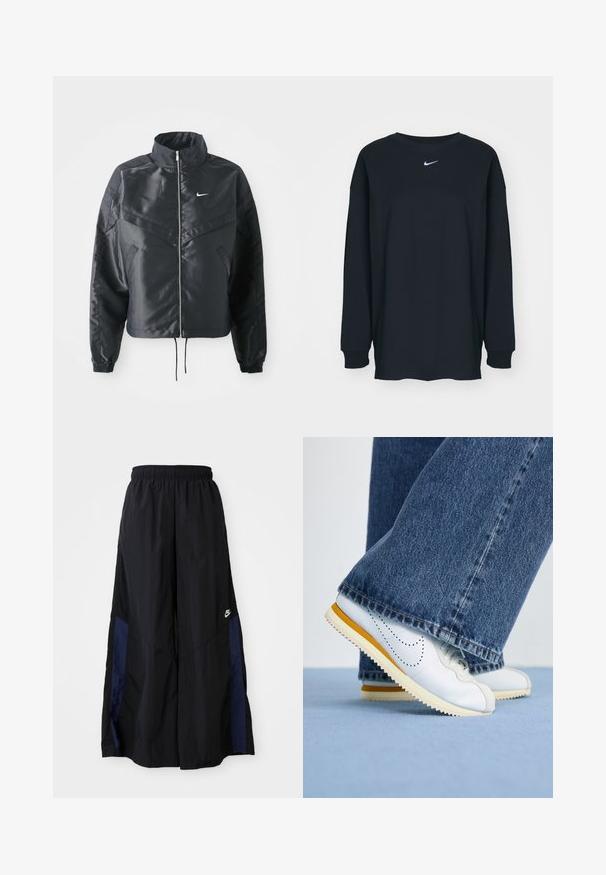 Black cropped jacket with high collar, zip closure, elastane cuffs, and a white Nike logo. Smooth, shiny fabric with a slightly textured surface.; Black long-sleeve T-shirt made of cotton with a crew neckline. Features a white Nike logo on the chest. Soft texture, simple design.; Black wide-leg pants made of lightweight fabric, featuring a navy blue side panel and an elastic waistband. Small white logo on bottom.; White leather sneakers with yellow accents, round toe, and textured rubber sole, paired with dark blue denim flared pants.
