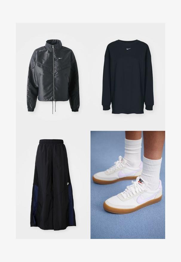 Czarna krótka kurtka z wysokim kołnierzem, zamek błyskawiczny, ściągacze z elastanu i białe logo Nike. Gładki, błyszczący materiał o lekko teksturowanej powierzchni.; Czarna, długosleeve'owa koszulka z bawełny z okrągłym dekoltem. Posiada białe logo Nike na piersi. Miękka faktura, prosty design.; Czarne spodnie szerokie wykonane z lekkiego materiału, z granatowym bocznym panelem i elastycznym paskiem w talii. Małe białe logo na dole.; Białe płócienne trampki z jasnopurpurowym logo Nike, gumową podeszwą i płaskim sznurowadłami. Noszone z białymi skarpetami w prążki, na niebieskim tle.