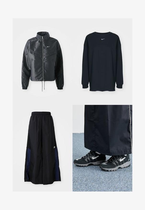 Casaco preto curto com colarinho alto, fecho de zip, punhos em elastano e um logótipo Nike branco. Tecido suave e brilhante com uma superfície ligeiramente texturizada.; Camisola preta de mangas longas feita de algodão com decote redondo. Apresenta um logótipo branco da Nike no peito. Textura suave, design simples.; Calças largas pretas feitas de tecido leve, com um painel lateral azul-marinho e cintura elástica. Pequeno logótipo branco na parte inferior.; Tênis atléticos pretos com um cabedal texturizado, detalhes prateados e um solado estampado, combinados com uma peça longa preta. Ambientado sobre um tapete azul.