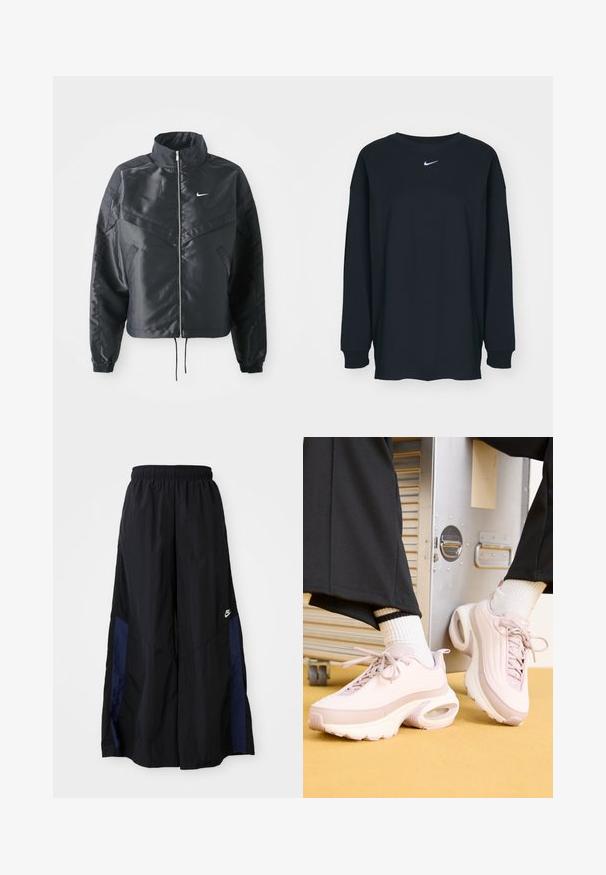 Casaco preto curto com colarinho alto, fecho de zip, punhos em elastano e um logótipo Nike branco. Tecido suave e brilhante com uma superfície ligeiramente texturizada.; Camisola preta de mangas longas feita de algodão com decote redondo. Apresenta um logótipo branco da Nike no peito. Textura suave, design simples.; Calças largas pretas feitas de tecido leve, com um painel lateral azul-marinho e cintura elástica. Pequeno logótipo branco na parte inferior.; Sapatilhas atléticas rosas com uma superfície texturizada, apresentando uma ponta arredondada, atacadores e uma almofada de ar visível na sola. Meias brancas com riscas pretas.