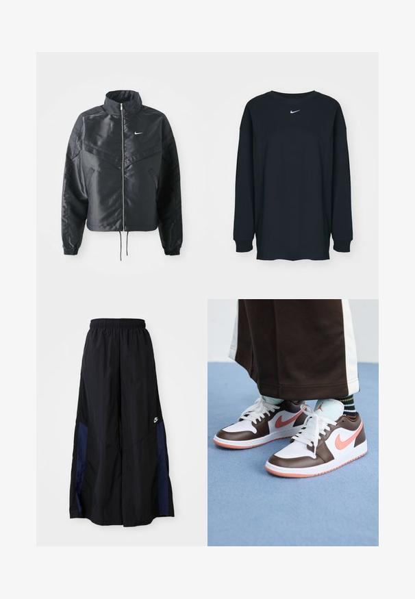 Zwarte cropped jack met hoge kraag, ritsluiting, elastische manchetten en een wit Nike-logo. Glad, glanzend materiaal met een licht gestructureerd oppervlak.; Zwarte lange mouwen T-shirt van katoen met een ronde hals. Bevat een wit Nike-logo op de borst. Zachte textuur, eenvoudig ontwerp.; Zwarte wijdlopende broek van lichtgewicht stof, met een marineblauwe zijpaneel en een elastische tailleband. Klein wit logo onderaan.; Witte en bruine Nike Air Jordan sneakers met roze accenten, met een laag ontwerp, witte veters en een gestructureerderubberen zool.