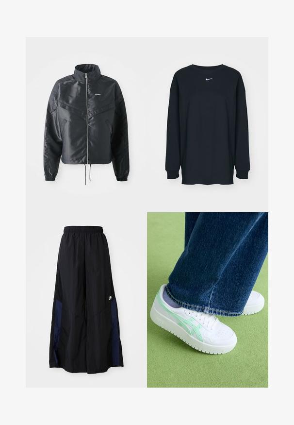 Veste noire courte avec col haut, fermeture éclair, poignets en élasthanne et logo Nike blanc. Tissu lisse et brillant avec une surface légèrement texturée.; T-shirt noir à manches longues en coton avec un col rond. Présente un logo Nike blanc sur la poitrine. Texture douce, design simple.; Pantalons larges noirs en tissu léger, avec un panneau latéral bleu marine et une taille élastique. Petit logo blanc en bas.; Baskets blanches avec des accents vert menthe, tige en cuir lisse, orteil perforé, semelle épaisse, portées avec un jean en denim bleu, sur une surface verte.