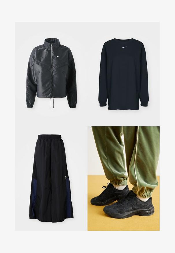 Casaco preto curto com colarinho alto, fecho de zip, punhos em elastano e um logótipo Nike branco. Tecido suave e brilhante com uma superfície ligeiramente texturizada.; Camisola preta de mangas longas feita de algodão com decote redondo. Apresenta um logótipo branco da Nike no peito. Textura suave, design simples.; Calças largas pretas feitas de tecido leve, com um painel lateral azul-marinho e cintura elástica. Pequeno logótipo branco na parte inferior.; Tênis esportivos pretos com sobreposições em malha e sintético, sola texturizada, emparelhados com calças de moletom verdes com punhos elásticos, sobre uma superfície amarela.