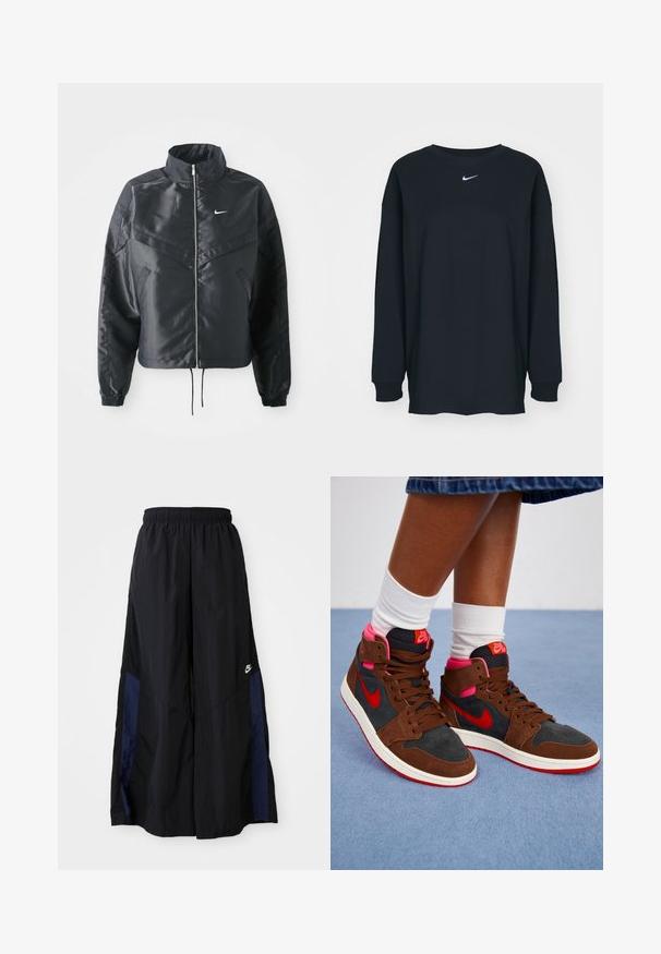 Zwarte cropped jack met hoge kraag, ritsluiting, elastische manchetten en een wit Nike-logo. Glad, glanzend materiaal met een licht gestructureerd oppervlak.; Zwarte lange mouwen T-shirt van katoen met een ronde hals. Bevat een wit Nike-logo op de borst. Zachte textuur, eenvoudig ontwerp.; Zwarte wijdlopende broek van lichtgewicht stof, met een marineblauwe zijpaneel en een elastische tailleband. Klein wit logo onderaan.; Hoge sneakers met bruin suède en zwart materiaal, met roze accenten, een rood Nike-logo en een witte zool. Getextureerde kraag en tong.