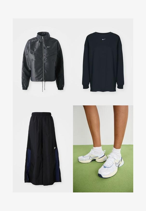 Casaco preto curto com colarinho alto, fecho de zip, punhos em elastano e um logótipo Nike branco. Tecido suave e brilhante com uma superfície ligeiramente texturizada.; Camisola preta de mangas longas feita de algodão com decote redondo. Apresenta um logótipo branco da Nike no peito. Textura suave, design simples.; Calças largas pretas feitas de tecido leve, com um painel lateral azul-marinho e cintura elástica. Pequeno logótipo branco na parte inferior.; Nike Sportswear V2K RUN - Sapatilhas - white/platinum tint/photon dust/summit white/coconut milk/midnight navy