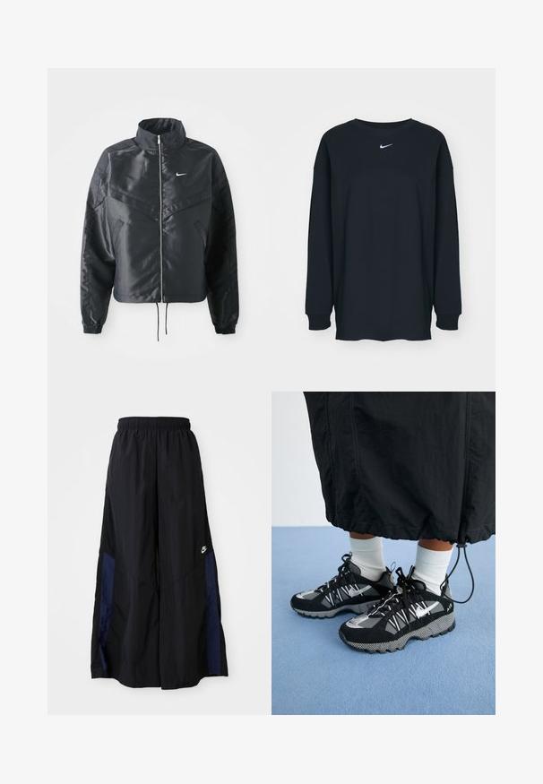 Casaco preto curto com colarinho alto, fecho de zip, punhos em elastano e um logótipo Nike branco. Tecido suave e brilhante com uma superfície ligeiramente texturizada.; Camisola preta de mangas longas feita de algodão com decote redondo. Apresenta um logótipo branco da Nike no peito. Textura suave, design simples.; Calças largas pretas feitas de tecido leve, com um painel lateral azul-marinho e cintura elástica. Pequeno logótipo branco na parte inferior.; Tênis atléticos pretos com detalhes cinzas e uma sola texturizada. Possui um design curvado, painéis em malha e atacadores. Meias brancas visíveis.