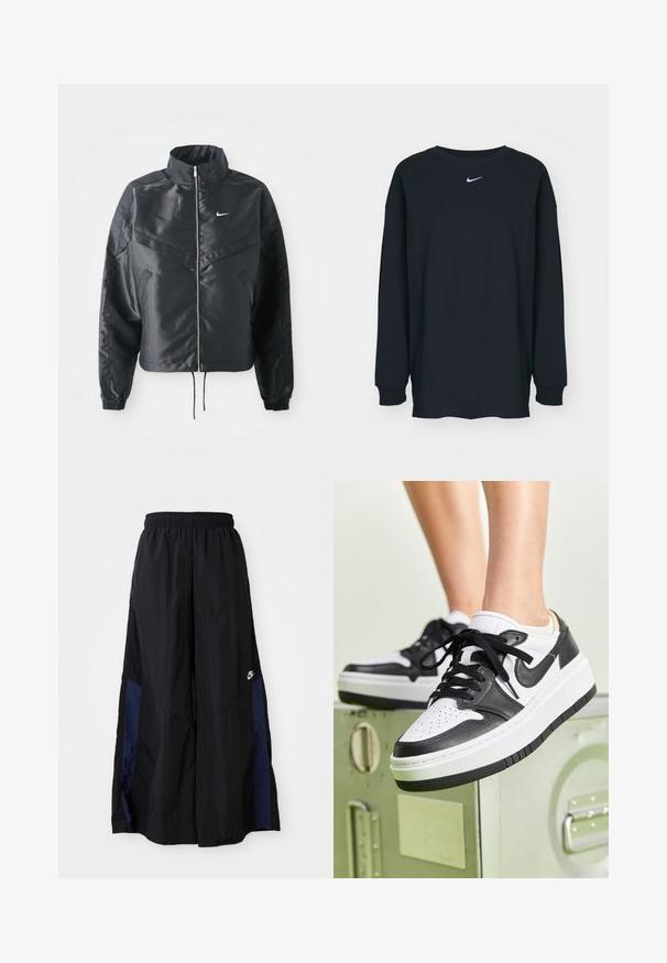 Svart cropped jakke med høy krage, glidelåsåpning, elastiske mansjetter og en hvit Nike-logo. Glatt, shiny stoff med en lett teksturert overflate.; Svart langermet T-skjorte laget av bomull med rund hals. Har en hvit Nike-logo på brystet. Myk tekstur, enkelt design.; Svarte vide bukser laget av lett stoff, med et marineblått sidestykke og elastisk midjebånd. Liten hvit logo nederst.; Sort-hvite lær sneakers med perforert tåboks, flate sorte snørebånd og hvit mellomsåle over teksturert svart gummisåle.