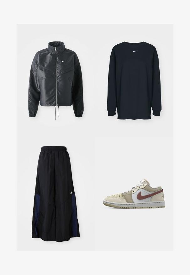Fekete, rövidített dzseki magas gallérral, cipzáras záródással, elasztikus mandzsettákkal, és fehér Nike logóval. Simább, fényes anyag, enyhén textúrázott felülettel.; Fekete, hosszú ujjú pamut póló kerek nyakkivágással. Fehér Nike logó található a mellrészen. Puha tapintás, egyszerű design.; Fekete, bő szárú nadrág könnyű anyagból, tengerészkék oldalsó panellel és elasztikus derékkal. Kicsi fehér logó az alján.; Beige bőr sportcipő fehér és világos barna részletekkel, bordó Nike pipa logóval, perforált orral és fehér fűzőkkel.