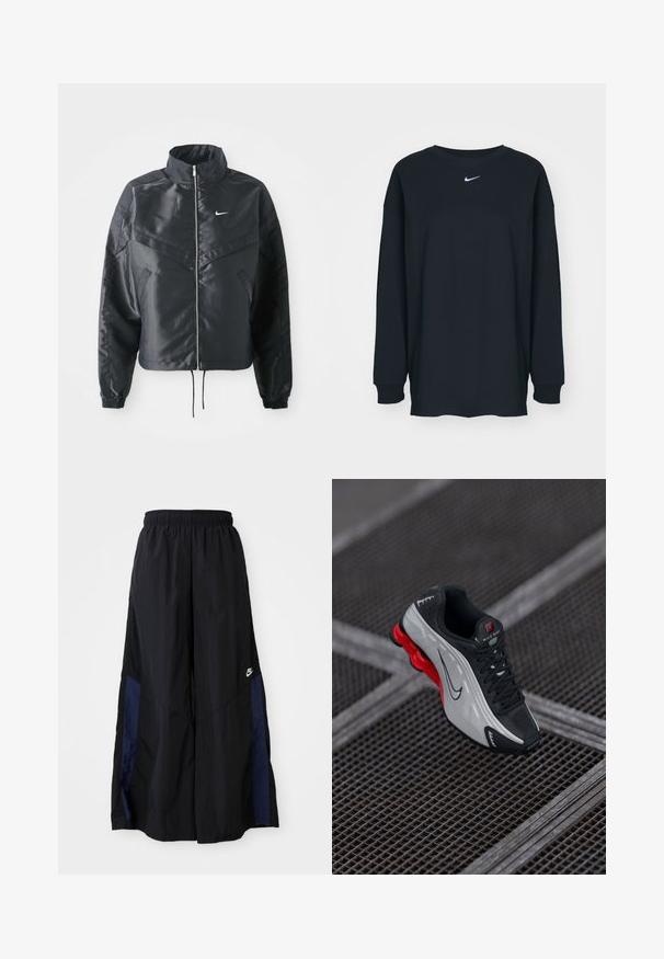 Melna apgriezta jaka ar augstu apkakli, rāvējslēdzēja aizdari, elastīna aprocēm un baltu Nike logo. Gluda, spīdīga auduma ar nedaudz teksturētu virsmu.; Melnas garajām piedurknēm T-krekls no kokvilnas ar apaļu kakla izgriezumu. Uz krūtīm ir balts Nike logo. Mīksta tekstūra, vienkāršs dizains.; Melni plata kāju bikses no viegla auduma, ar tumši zilu sānu paneli un elastīgu jostu. Mazs balts logotips apakšā.; Melna un pelēka sporta apava ar sarkanu polsterētu zoli, melnām auklām un Swoosh logotipu, kas atrodas uz metāla režģa virsmas.