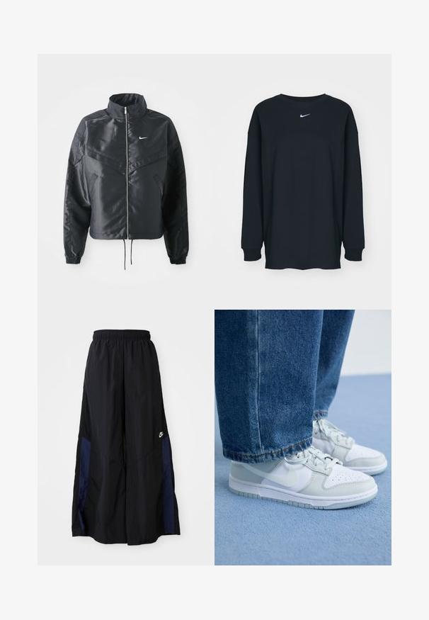 Casaco preto curto com colarinho alto, fecho de zip, punhos em elastano e um logótipo Nike branco. Tecido suave e brilhante com uma superfície ligeiramente texturizada.; Camisola preta de mangas longas feita de algodão com decote redondo. Apresenta um logótipo branco da Nike no peito. Textura suave, design simples.; Calças largas pretas feitas de tecido leve, com um painel lateral azul-marinho e cintura elástica. Pequeno logótipo branco na parte inferior.; Ténis Nike em couro branco e cinza claro com biqueira perfurada, atacadores planos e sola de borracha, combinados com calças de ganga azuis.