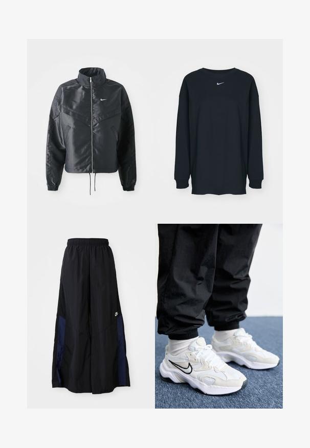 Black cropped jacket with high collar, zip closure, elastane cuffs, and a white Nike logo. Smooth, shiny fabric with a slightly textured surface.; Black long-sleeve T-shirt made of cotton with a crew neckline. Features a white Nike logo on the chest. Soft texture, simple design.; Black wide-leg pants made of lightweight fabric, featuring a navy blue side panel and an elastic waistband. Small white logo on bottom.; White and light gray athletic sneakers featuring a textured upper, thick sole, and black swoosh logo. Worn with black jogger pants and white socks.