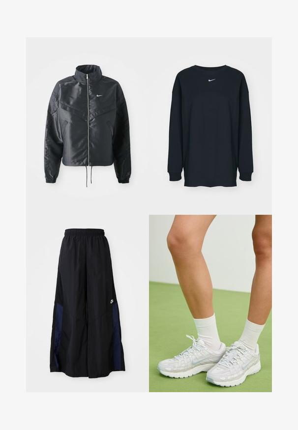 Černá zkrácená bunda s vysokým límcem, zipovým zapínáním, elastickými manžetami a bílým logem Nike. Hladká, lesklá látka s mírně strukturovaným povrchem.; Černé tričko s dlouhým rukávem vyrobené z bavlny s kulatým výstřihem. Na hrudi se nachází bílé logo Nike. Měkká textura, jednoduchý design.; Černé kalhoty širokého střihu vyrobené z lehkého materiálu, s námořnickou modrou bočním panelem a elastickým pasem. Malé bílé logo na spodní části.; Bílé tenisky Nike mají texturovaný síťovaný svršek, reflexní prvky a polstrovanou podrážku. Spárované s bílými ponožkami na zelené podlaze.