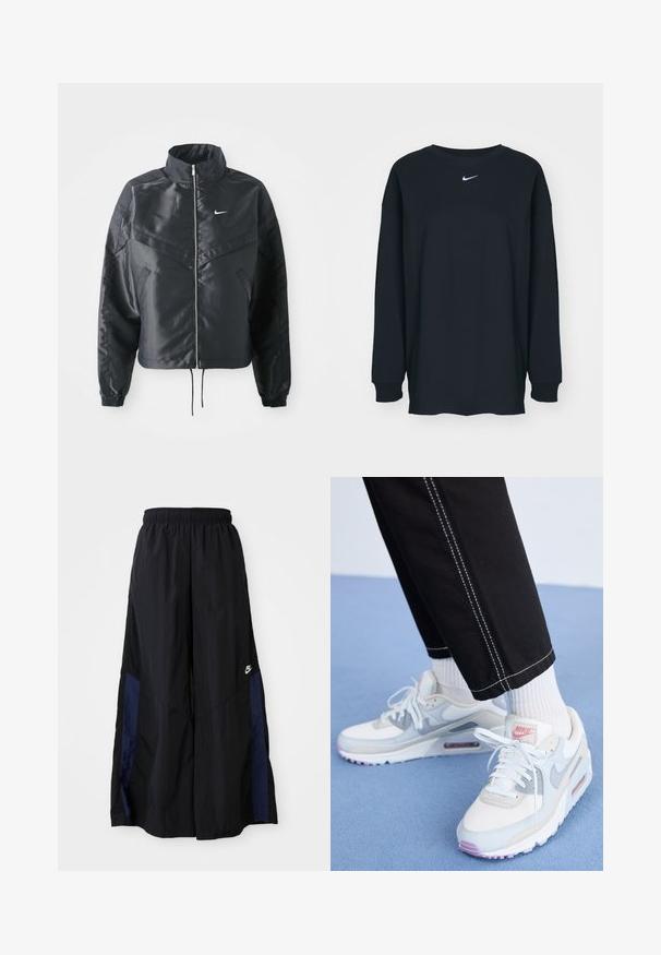 Μαύρο cropped μπουφάν με ψηλό γιακά, κλείσιμο με φερμουάρ, μανσέτες από ελαστάνη και λευκό λογότυπο Nike. Λείο, γυαλιστερό ύφασμα με ελαφρώς υφή.; Μαύρο μακρυμάνικο μπλουζάκι φτιαγμένο από βαμβάκι με στρογγυλή λαιμόκοψη. Διαθέτει το λευκό λογότυπο της Nike στο στήθος. Μαλακή υφή, απλός σχεδιασμός.; Μαύρο παντελόνι με φαρδιά πόδια, κατασκευασμένο από ελαφρύ ύφασμα, με μπλε ναυτική πλευρική λωρίδα και ελαστική μέση. Μικρό λευκό λογότυπο στο κάτω μέρος.; Nike Sportswear AIR MAX 90 - Αθλητικά παπούτσια - summit white/wolf grey/beyond pink/pure platinum/red stardust/light bone
