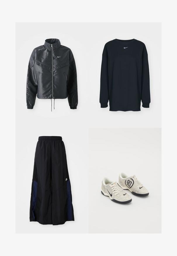 Schwarze, verkürzte Jacke mit hohem Kragen, Reißverschluss, Elastan-Ärmeln und einem weißen Nike-Logo. Glattes, glänzendes Material mit leicht strukturiertem Oberflächeneffekt.; Schwarzes Langarm-T-Shirt aus Baumwolle mit Rundhalsausschnitt. Mit weißem Nike-Logo auf der Brust. Weiche Textur, simples Design.; Schwarze weit geschnittene Hose aus leichtem Stoff, mit einem dunkelblauen Seitenpanel und einem elastischen Bund. Kleines weißes Logo am unteren Ende.; Nike-Sneaker mit einem beigen und grauen texturierten Obermaterial, schwarzen Akzenten, einem großen "90"-Logo und einer weißen Schnürverschluss. Schwarze Sohle.