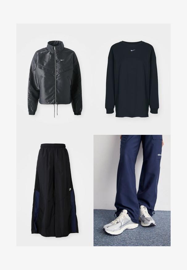 Casaco preto curto com colarinho alto, fecho de zip, punhos em elastano e um logótipo Nike branco. Tecido suave e brilhante com uma superfície ligeiramente texturizada.; Camisola preta de mangas longas feita de algodão com decote redondo. Apresenta um logótipo branco da Nike no peito. Textura suave, design simples.; Calças largas pretas feitas de tecido leve, com um painel lateral azul-marinho e cintura elástica. Pequeno logótipo branco na parte inferior.; Tênis esportivos Nike com parte superior em malha prata, detalhes em branco e solas texturizadas, combinados com calças largas azul-marinho.