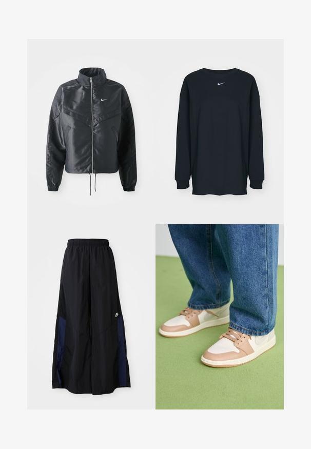 Must kolledžiga must lühike jope, millel on lukuga sulgus, elastne mansett ja valge Nike logo. Sile, läikiv kangas, millel on veidi tekstureeritud pind.; Must have pikkade varrukatega must T-särk, mis on valmistatud puuvillast ja millel on ümar kaelus. Rinnal on valge Nike logo. Pehme tekstuur, lihtne disain.; Mustad laiad mustad püksid kergest kangast, millel on tumesinine külgpaneel ja elastne vöökoht. Väike valge logo allservas.; Valge ja beeži nahast spordijalatsid ümarate varvastega, perforustatud varvasetootega ja beežide aktsentidega. Kanda siniste teksadega rohelisel pinnal.