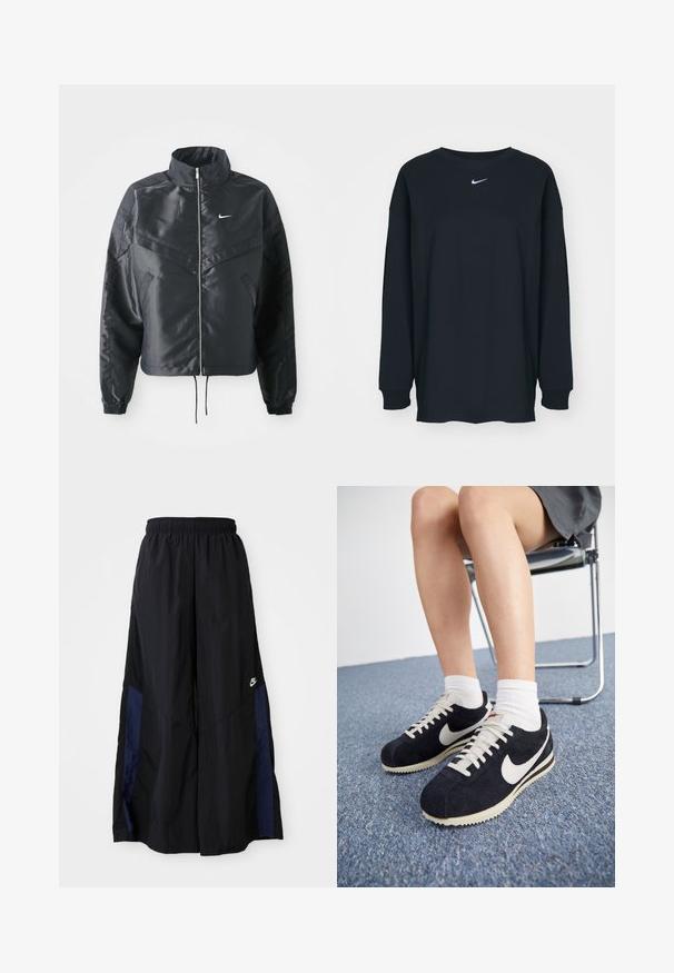 Crna kratka jakna s visokim ovratnikom, zatvaranjem na patentni zatvarač, elastinim rukavima i bijelim Nike logom. Glatka, sjajna tkanina s lagano teksturiranom površinom.; Crna dugih rukava majica od pamuka s okruglim izrezom. Sadrži bijeli Nike logo na prsima. Mekana tekstura, jednostavan dizajn.; Crne hlače širokih nogavica izrađene od lagane tkanine, sa tamnoplavim bočnim panelom i elastičnom stražnjom trakom. Mali bijeli logo je na dnu.; Nike Sportswear CORTEZ VINTAGE SUEDE - Tenisice - black/sail/coconut/milk/team orange