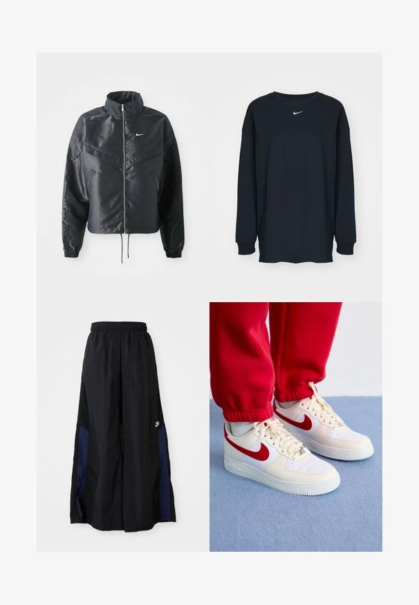 Black cropped jacket with high collar, zip closure, elastane cuffs, and a white Nike logo. Smooth, shiny fabric with a slightly textured surface.; Black long-sleeve T-shirt made of cotton with a crew neckline. Features a white Nike logo on the chest. Soft texture, simple design.; Black wide-leg pants made of lightweight fabric, featuring a navy blue side panel and an elastic waistband. Small white logo on bottom.; Nike Air Force 1 sneakers in white and cream leather, featuring red accents and perforations, set on a textured blue surface.
