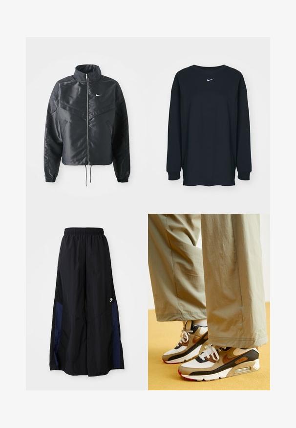 Casaco preto curto com colarinho alto, fecho de zip, punhos em elastano e um logótipo Nike branco. Tecido suave e brilhante com uma superfície ligeiramente texturizada.; Camisola preta de mangas longas feita de algodão com decote redondo. Apresenta um logótipo branco da Nike no peito. Textura suave, design simples.; Calças largas pretas feitas de tecido leve, com um painel lateral azul-marinho e cintura elástica. Pequeno logótipo branco na parte inferior.; Nike Sportswear AIR MAX 90 - Sapatilhas - phantom/light british tan/black/fire red/khaki/sail