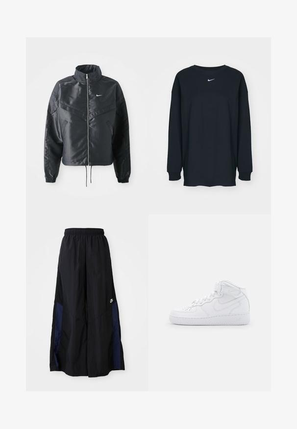 Black cropped jacket with high collar, zip closure, elastane cuffs, and a white Nike logo. Smooth, shiny fabric with a slightly textured surface.; Black long-sleeve T-shirt made of cotton with a crew neckline. Features a white Nike logo on the chest. Soft texture, simple design.; Black wide-leg pants made of lightweight fabric, featuring a navy blue side panel and an elastic waistband. Small white logo on bottom.; White high-top sneakers made of leather with a padded collar, perforated toe, laces, and adjustable ankle strap; logo on the side.
