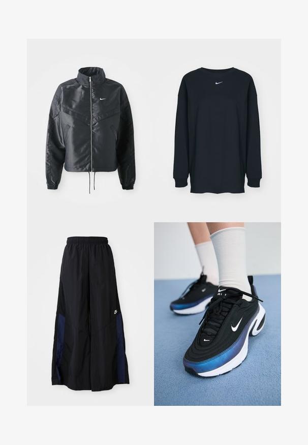 Crna kratka jakna s visokim ovratnikom, zatvaranjem na patentni zatvarač, elastinim rukavima i bijelim Nike logom. Glatka, sjajna tkanina s lagano teksturiranom površinom.; Crna dugih rukava majica od pamuka s okruglim izrezom. Sadrži bijeli Nike logo na prsima. Mekana tekstura, jednostavan dizajn.; Crne hlače širokih nogavica izrađene od lagane tkanine, sa tamnoplavim bočnim panelom i elastičnom stražnjom trakom. Mali bijeli logo je na dnu.; Crne Nike tenisice s glatkom tkaninom, s gradijentnim dizajnom od plave do crne boje, bijelim potplatom i istaknutim logotipovima.