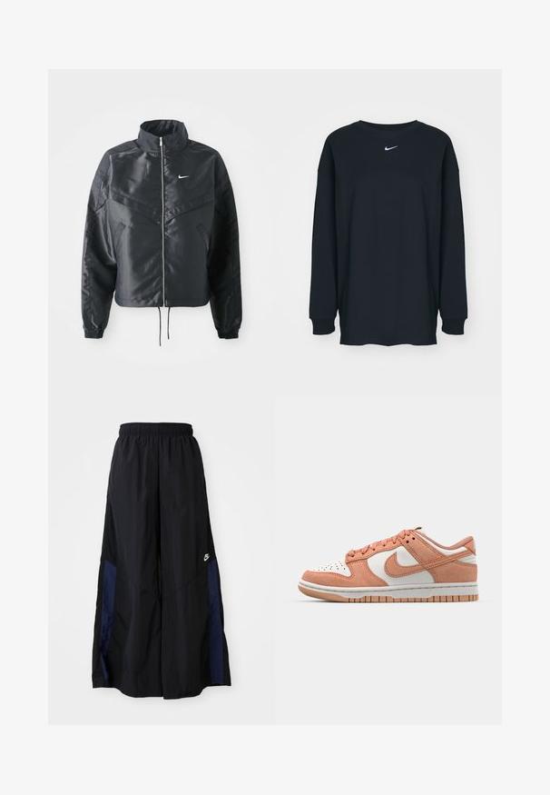 Casaco preto curto com colarinho alto, fecho de zip, punhos em elastano e um logótipo Nike branco. Tecido suave e brilhante com uma superfície ligeiramente texturizada.; Camisola preta de mangas longas feita de algodão com decote redondo. Apresenta um logótipo branco da Nike no peito. Textura suave, design simples.; Calças largas pretas feitas de tecido leve, com um painel lateral azul-marinho e cintura elástica. Pequeno logótipo branco na parte inferior.; Sapatilhas Nike Dunk com um upper em camurça laranja claro, detalhes em couro branco, caixa de dedos perfurada e sola em borracha de goma. Design low-top.