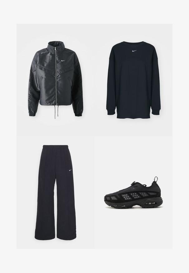 Črna skrajšana jakna z visokim ovratnikom, zadrgo, elastan rokavi in belim logotipom Nike. Gladek, sijoč material z rahlo teksturirano površino.; Črna dolgotrajna majica z dolgimi rokavi iz bombaža z okruglim izrezom. Ima bel Nike logo na prsih. Mehek material, preprost dizajn.; Črne široke hlače s elastiko v pasu in malim belim logotipom Nike. Tkanina ima gladko teksturo, zasnovano za udobje in sproščeno nošenje.; Črna športna čevlja z oblazinjenim podplatom, mrežnim zgornjim delom in teksturiranimi okrasi. Vključuje zanko za poteg in krožno zapiranje na vrhu.