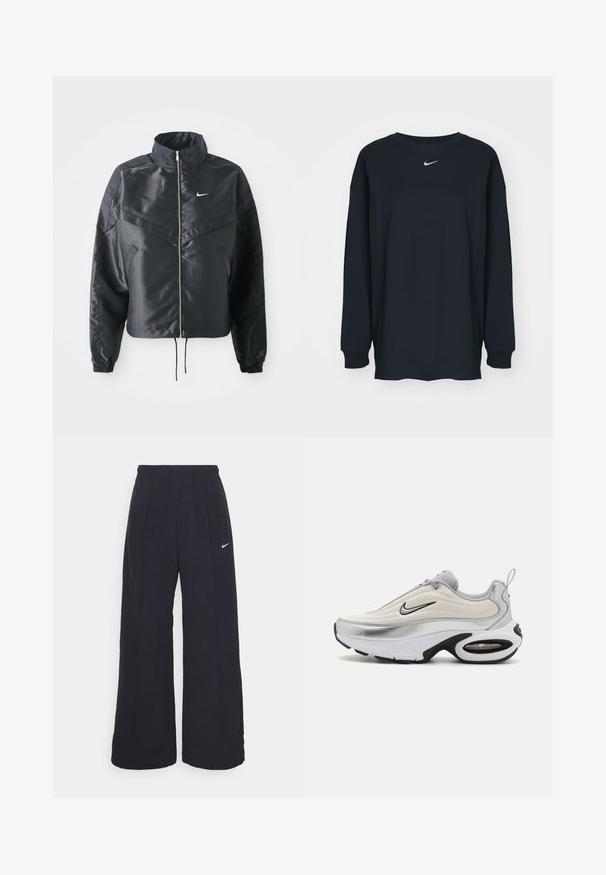 Svart cropped jakke med høy krage, glidelåsåpning, elastiske mansjetter og en hvit Nike-logo. Glatt, shiny stoff med en lett teksturert overflate.; Svart langermet T-skjorte laget av bomull med rund hals. Har en hvit Nike-logo på brystet. Myk tekstur, enkelt design.; Svarte vide bukser med elastisk linning og en liten hvit Nike-logo. Stoffet har en glatt tekstur, designet for komfort og uformell bruk.; Nike-sneaker med en glatt, hvit overdel, sølvfargede detaljer og en svart gummisåle. Har Air-demping og en strømlinjeformet design.