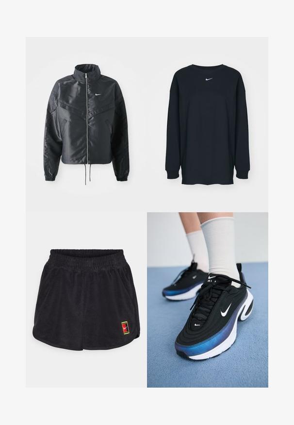 Melna apgriezta jaka ar augstu apkakli, rāvējslēdzēja aizdari, elastīna aprocēm un baltu Nike logo. Gluda, spīdīga auduma ar nedaudz teksturētu virsmu.; Melnas garajām piedurknēm T-krekls no kokvilnas ar apaļu kakla izgriezumu. Uz krūtīm ir balts Nike logo. Mīksta tekstūra, vienkāršs dizains.; Melnas frotētas sporta šortus ar elastīgu jostu, sānu kabatām un mazu daudzkrāsu taisnstūra logotipa uzlīmi priekšējā labajā pusē.; Melnie Nike sporta apavi ar gludu auduma virsmu, argradienta zilu uz melnu dizainu, balta zole un izteiksmīgi logotipa akcenti.