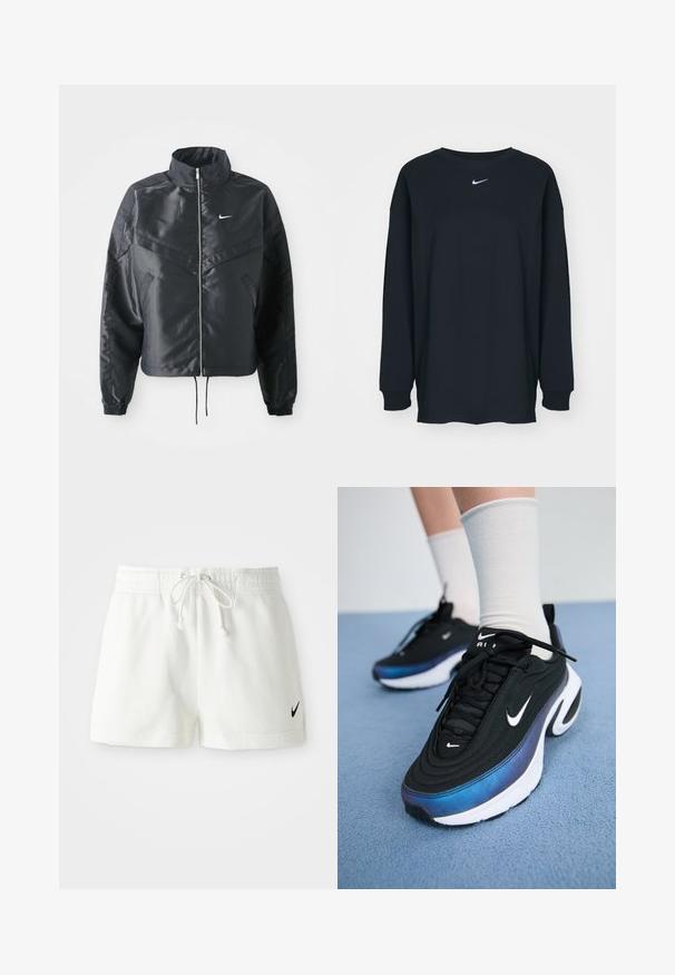 Črna skrajšana jakna z visokim ovratnikom, zadrgo, elastan rokavi in belim logotipom Nike. Gladek, sijoč material z rahlo teksturirano površino.; Črna dolgotrajna majica z dolgimi rokavi iz bombaža z okruglim izrezom. Ima bel Nike logo na prsih. Mehek material, preprost dizajn.; Beli bombažni atletski kratki hlače z elastičnim pasom in vrvico, na levi nogi pa je majhen črn logotip Nike.; Črne Nike športne copate z gladkim zgornjim delom iz tkanine, ki imajo gradientni dizajn od modre do črne, belo podplat in izrazite logotipne akcenta.