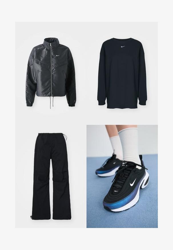 Casaco preto curto com colarinho alto, fecho de zip, punhos em elastano e um logótipo Nike branco. Tecido suave e brilhante com uma superfície ligeiramente texturizada.; Camisola preta de mangas longas feita de algodão com decote redondo. Apresenta um logótipo branco da Nike no peito. Textura suave, design simples.; As calças cargo pretas apresentam uma cintura elástica com cordão, dois bolsos laterais e um design de perna larga. Feitas de um tecido durável.; Sapatilhas Nike pretas com um upper de tecido suave, apresentando um design em gradiente de azul para preto, sola branca e acentos de logotipo proeminentes.