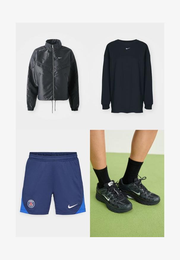Black cropped jacket with high collar, zip closure, elastane cuffs, and a white Nike logo. Smooth, shiny fabric with a slightly textured surface.; Black long-sleeve T-shirt made of cotton with a crew neckline. Features a white Nike logo on the chest. Soft texture, simple design.; Navy blue athletic shorts featuring an elastic waistband, side panel in blue, Nike logo in white, and a round PSG logo on the left thigh.; Black Nike sneakers with mesh and synthetic overlays, featuring reflective accents, a cushioned sole, and black ribbed socks.