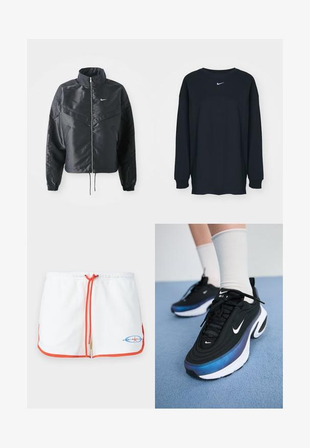 Čierna skrátená bunda s vysokým golierom, zipsovým uzatváraním, elastickými manžetami a bielym logom Nike. Hladká, lesklá tkanina s mierne textúrovaným povrchom.; Čierne tričko s dlhým rukávom z bavlny, s okrúhlym výstrihom. Na hrudi sa nachádza biele logo Nike. Jemná textúra, jednoduchý dizajn.; Biele šortky s oranžovou šnúrkou a lemom. Obsahujú grafické logo v modrej a červenej farbe. Mäkko textilné s neformálnym dizajnom.; Čierne tenisky Nike s hladkým textilným vrchom, ktoré majú gradientný dizajn prechádzajúci z modrej do čiernej, bielu podrážku a výrazné logo.