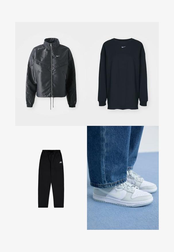 Must kolledžiga must lühike jope, millel on lukuga sulgus, elastne mansett ja valge Nike logo. Sile, läikiv kangas, millel on veidi tekstureeritud pind.; Must have pikkade varrukatega must T-särk, mis on valmistatud puuvillast ja millel on ümar kaelus. Rinnal on valge Nike logo. Pehme tekstuur, lihtne disain.; Mustad mustad püksid, mis on valmistatud pehmest kangast, elastse vöökoha, paelaga ja küljetaskutega. Tal on reitel väike valge logo.; Nike tossud valgest ja helesinisest nahast, millel on augulised varbakatted, tasased paelad ja kummist talla, koos siniste teksadega.